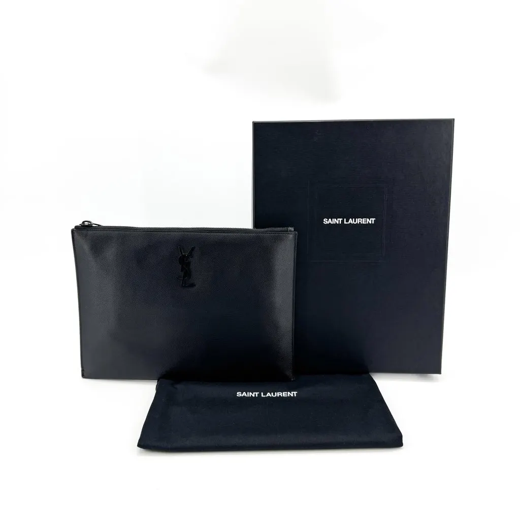 Saint Laurent Monogram Pouch in Grain de Poudre Embossed Leather Black Hardware Black Black Leather Good - Back View