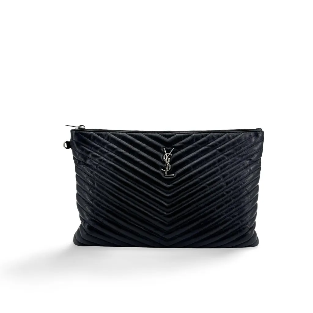 Saint Laurent Monogram Large Clutch Bag Silver Black Black Leather Good - Front View
