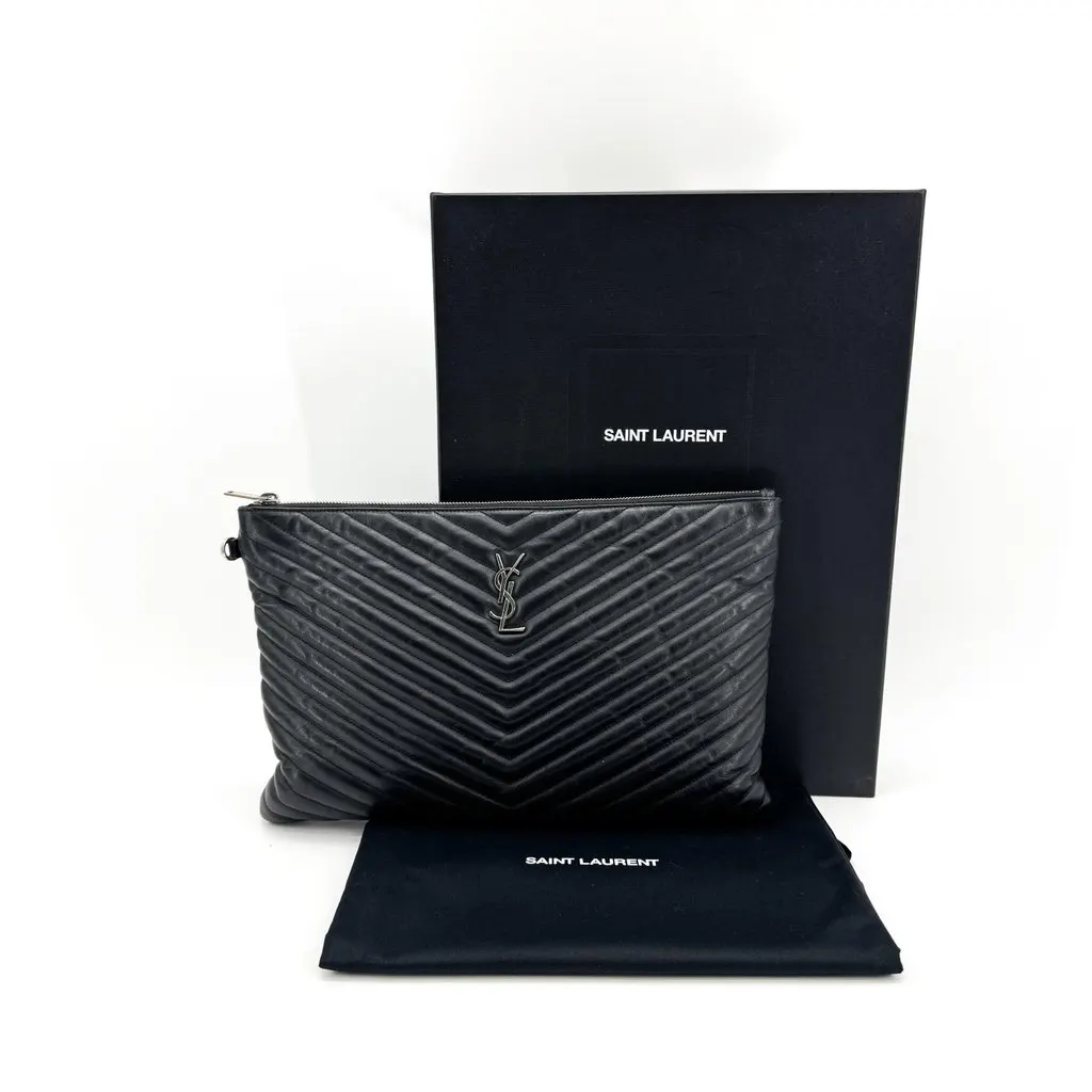 Saint Laurent Monogram Large Clutch Bag Silver Black Black Leather Good - Back View