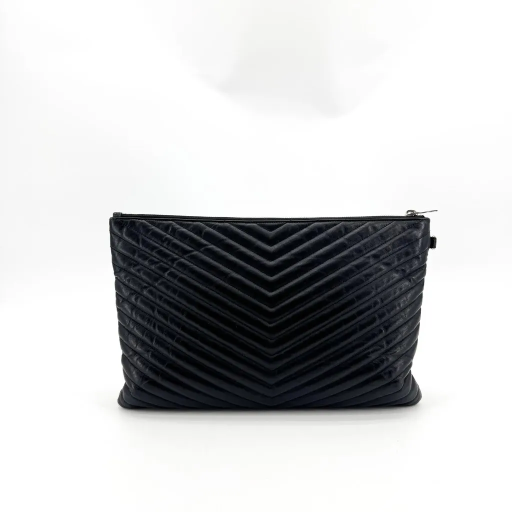 Saint Laurent Monogram Large Clutch Bag Silver Black Black Leather Good - Inside View