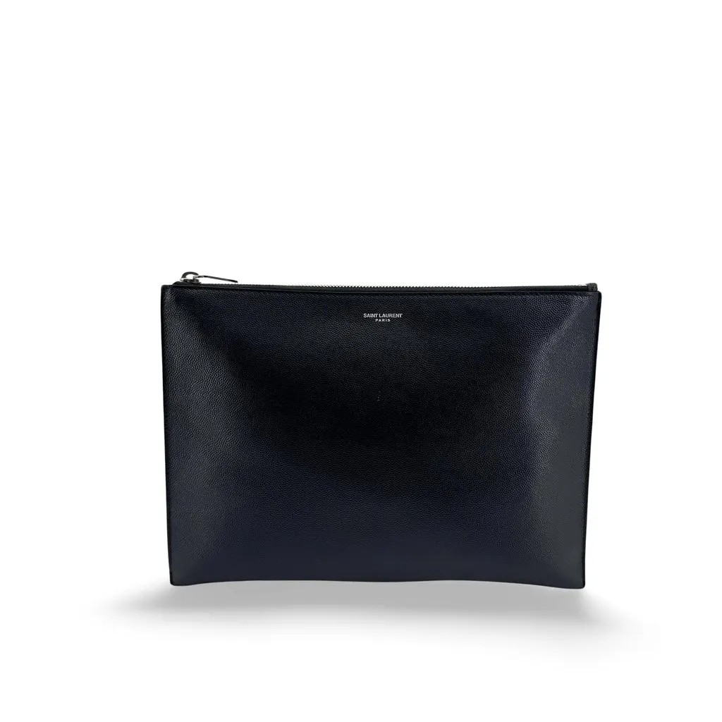 Saint Laurent Grain de Poudre Tablet Sleeve Clutch Bag Black Black Leather Good - Front View