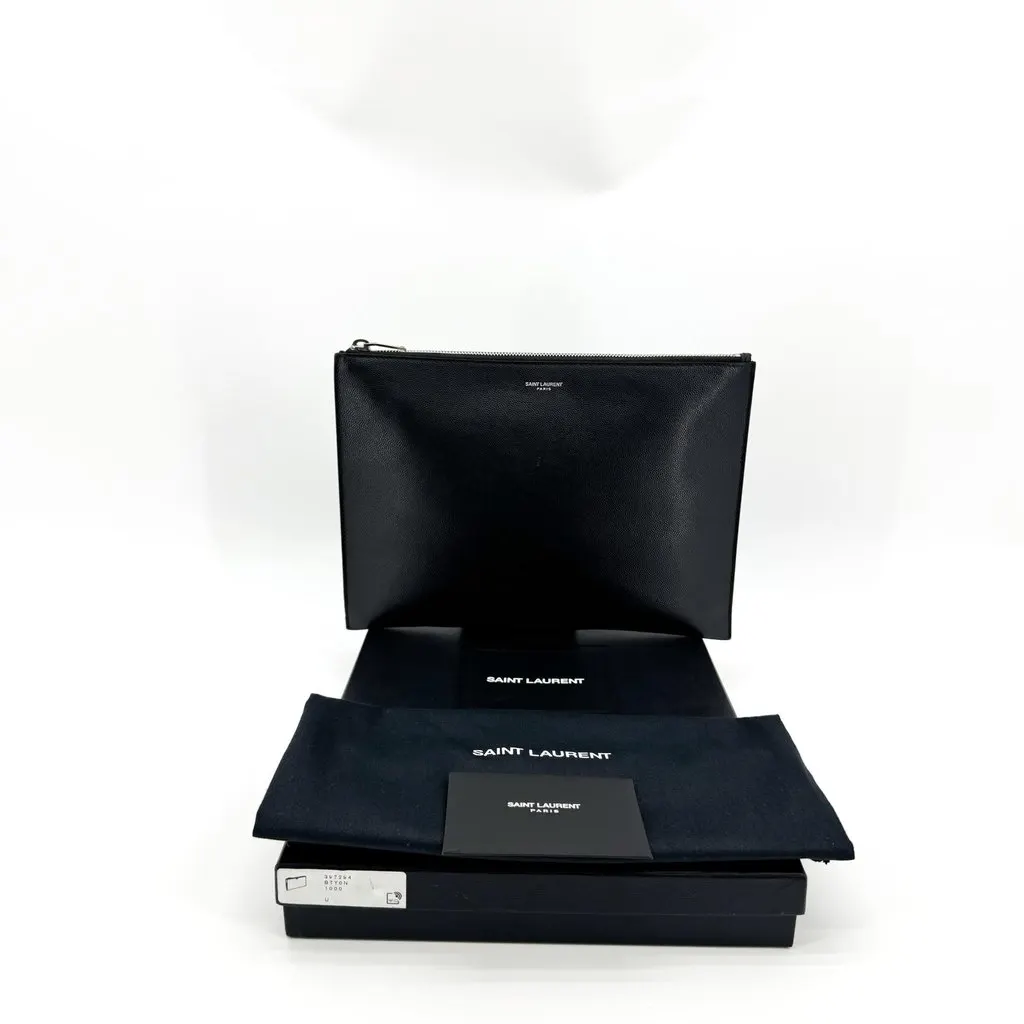 Saint Laurent Grain de Poudre Tablet Sleeve Clutch Bag Black Black Leather Good - Back View