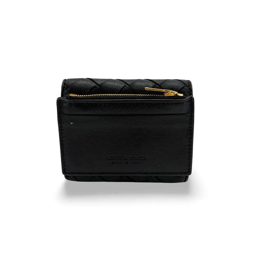 Bottega Veneta Intrecciato Tiny Tri-fold Wallet Black Gold Hardware Black Leather Very good - Front View