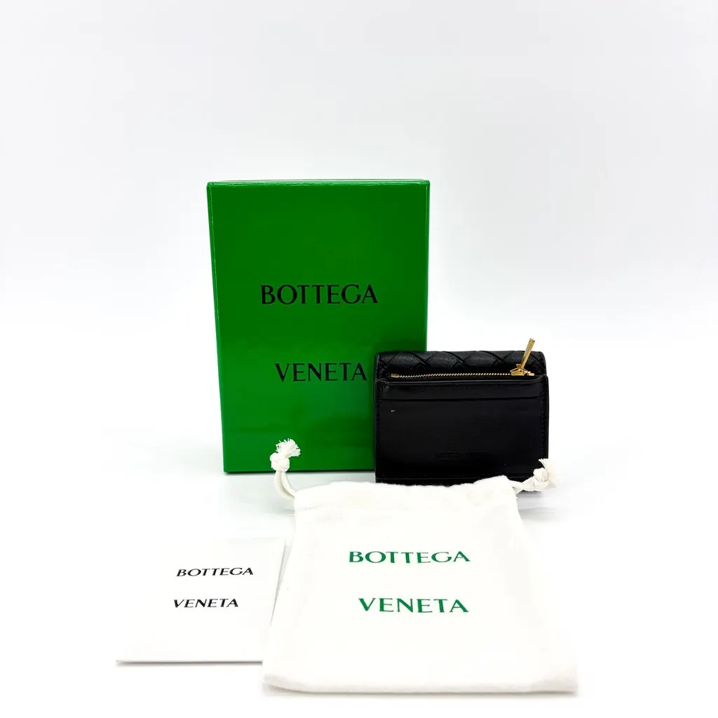 Bottega Veneta Intrecciato Tiny Tri-fold Wallet Black Gold Hardware Black Leather Very good - Back View
