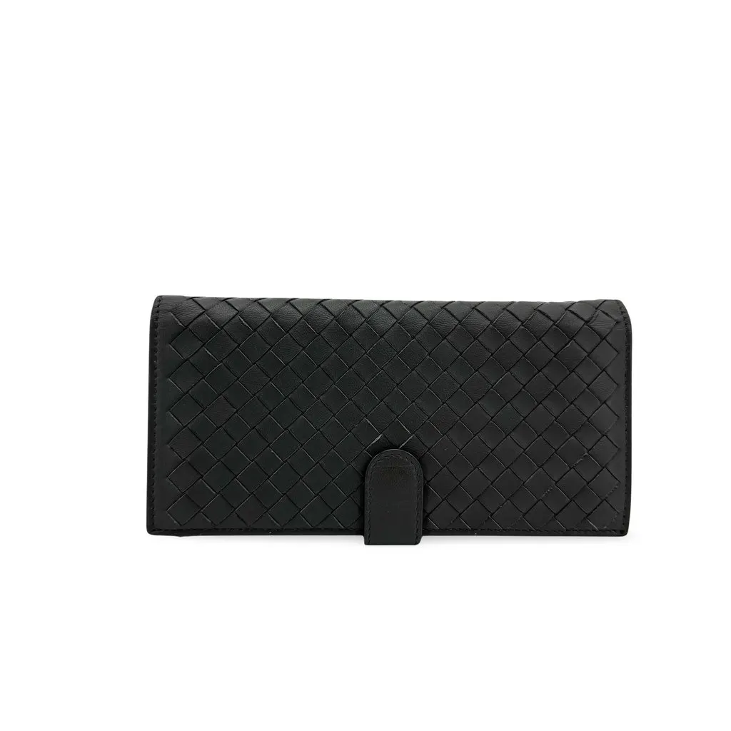 Bottega Veneta Intrecciato Flap Continental Wallet Black Black Leather Good - Front View