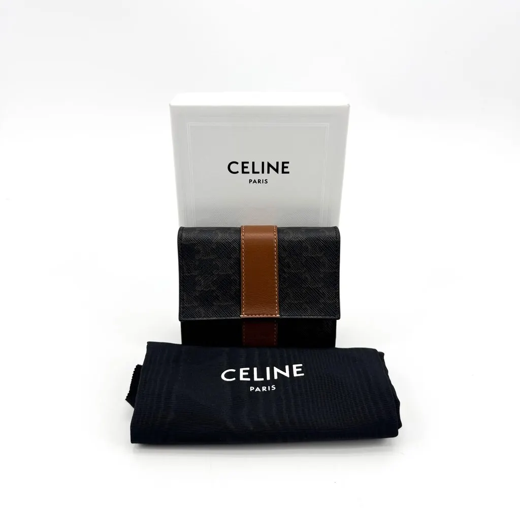 Celine Small Flap Wallet in Triomphe Canvas and Lambskin Tan Black Canvas Very good - Back View