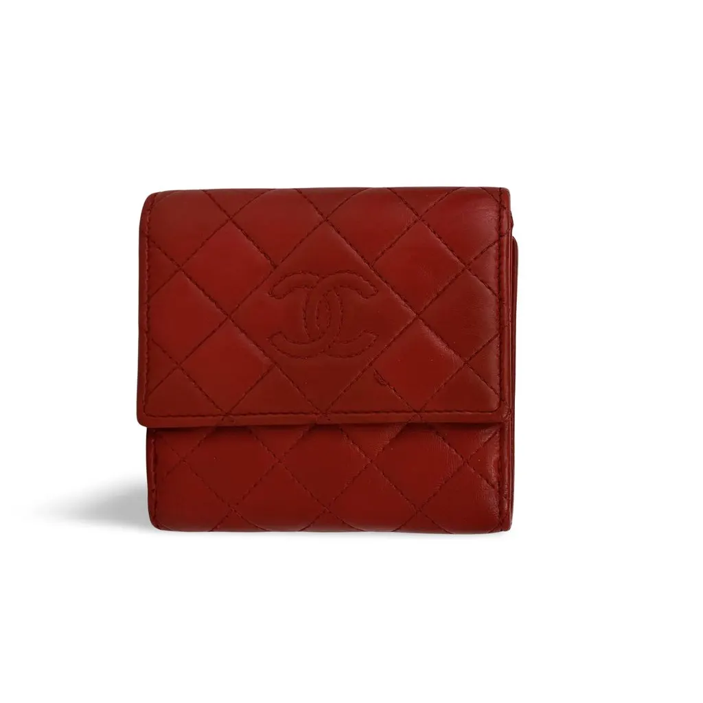 Chanel Lambskin Red Quilted Tab Wallet Red Leather Good - Front View