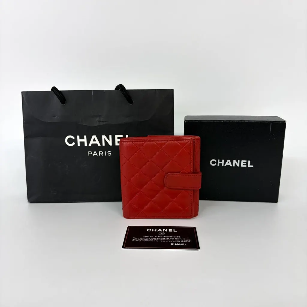 Chanel Lambskin Red Quilted Tab Wallet Red Leather Good - Back View