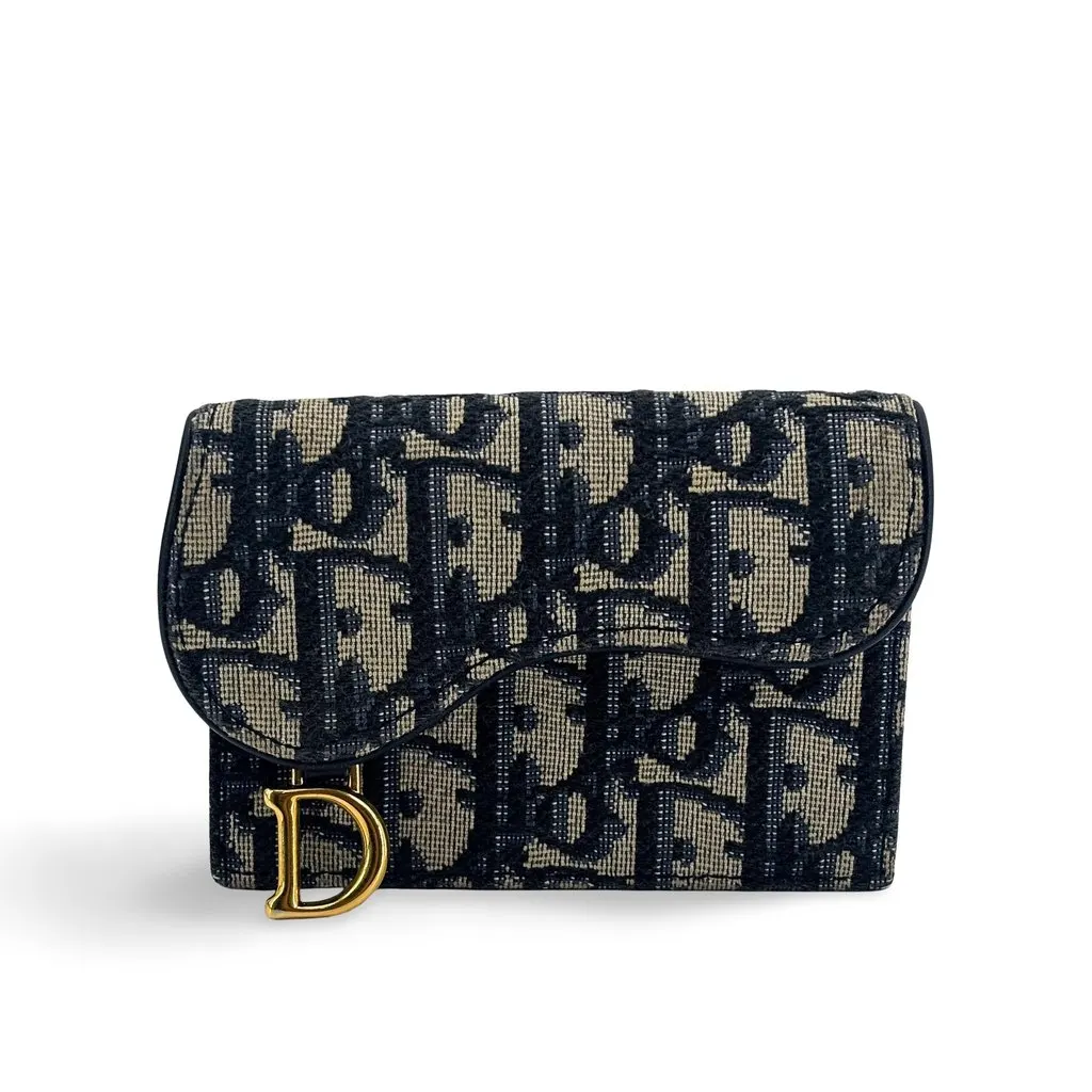 Dior Saddle Flap Card Holder Blue Oblique Jacquard Beige Jacquard Good - Front View