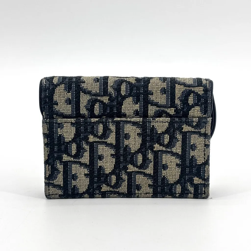 Dior Saddle Flap Card Holder Blue Oblique Jacquard Beige Jacquard Good - Back View