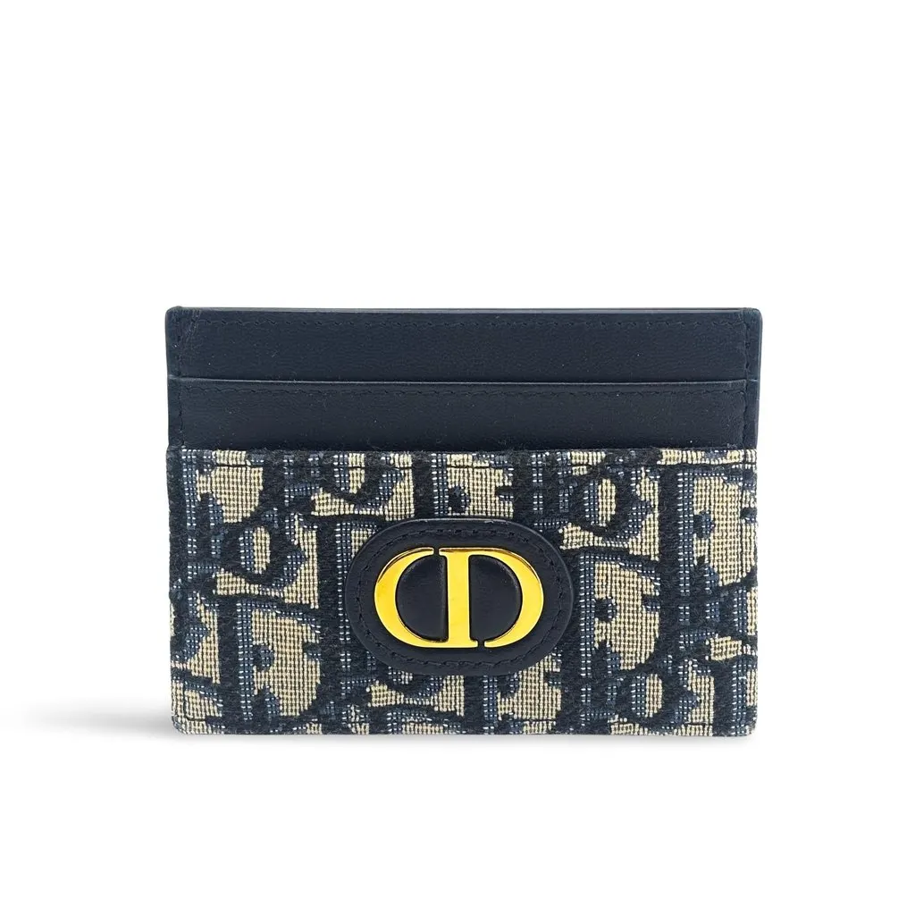 Dior 30 Montaigne Card Holder Blue Oblique Jacquard Beige Jacquard Good - Front View