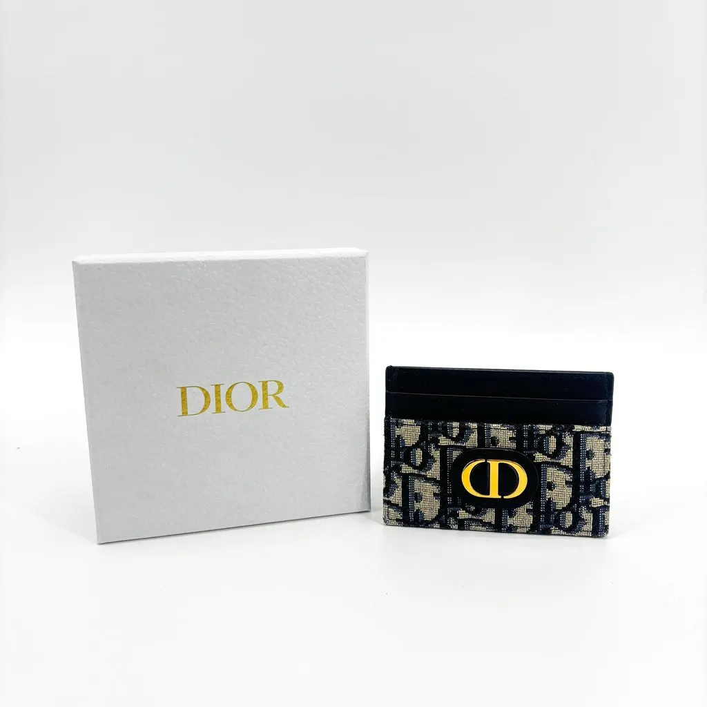 Dior 30 Montaigne Card Holder Blue Oblique Jacquard Beige Jacquard Good - Back View