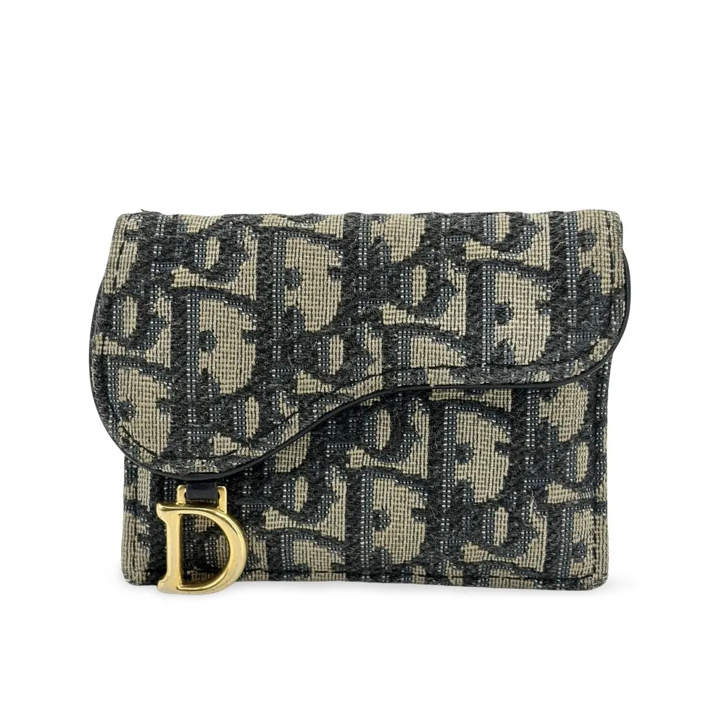 Dior Saddle Lotus Wallet Blue Oblique Jacquard Beige Jacquard Good - Front View