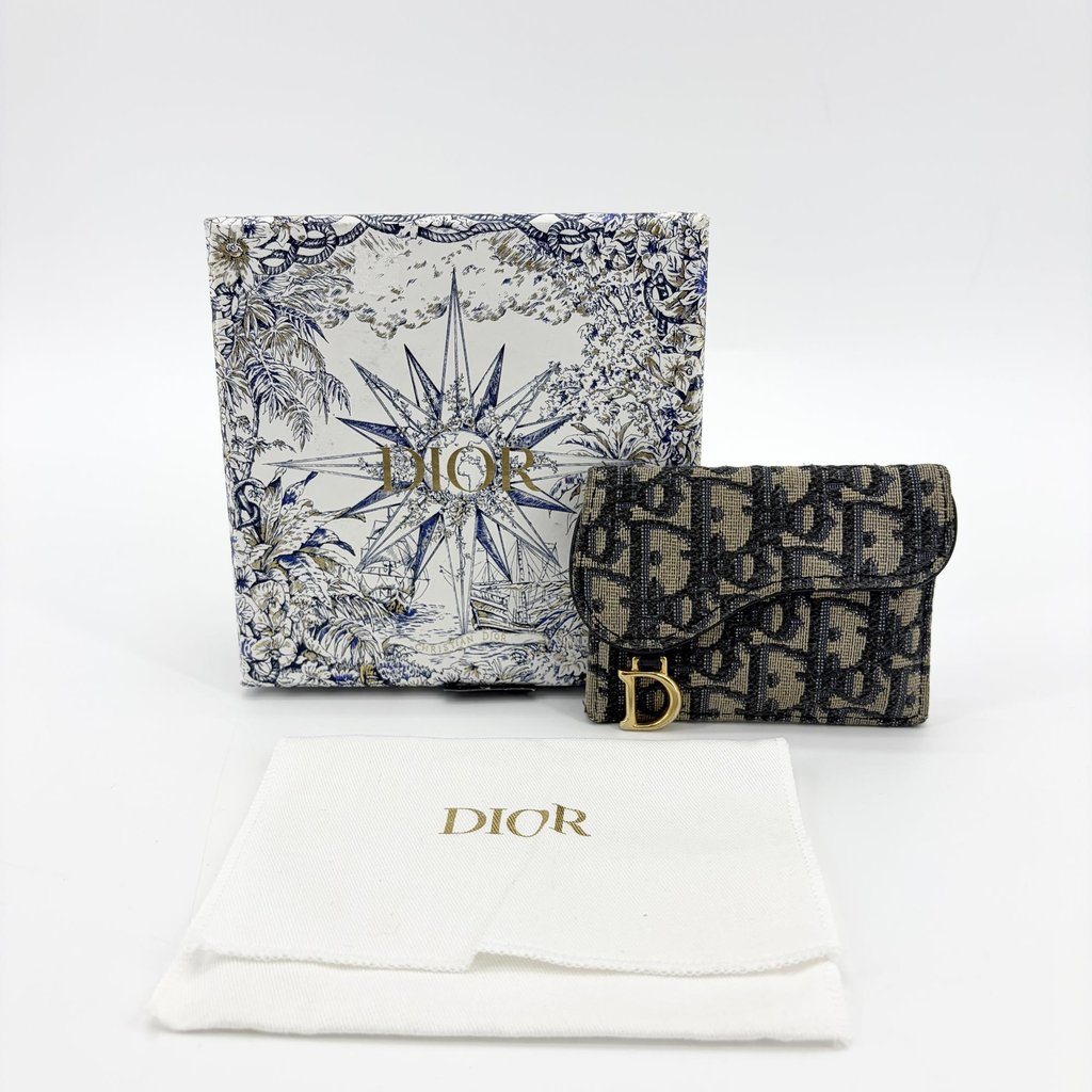 Dior Saddle Lotus Wallet Blue Oblique Jacquard Beige Jacquar