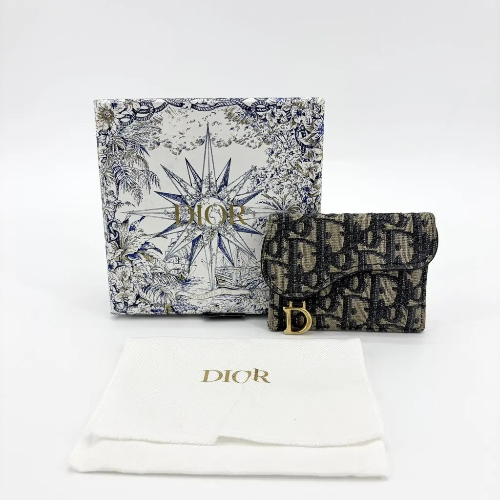 Dior Saddle Lotus Wallet Blue Oblique Jacquard Beige Jacquard Good - Back View