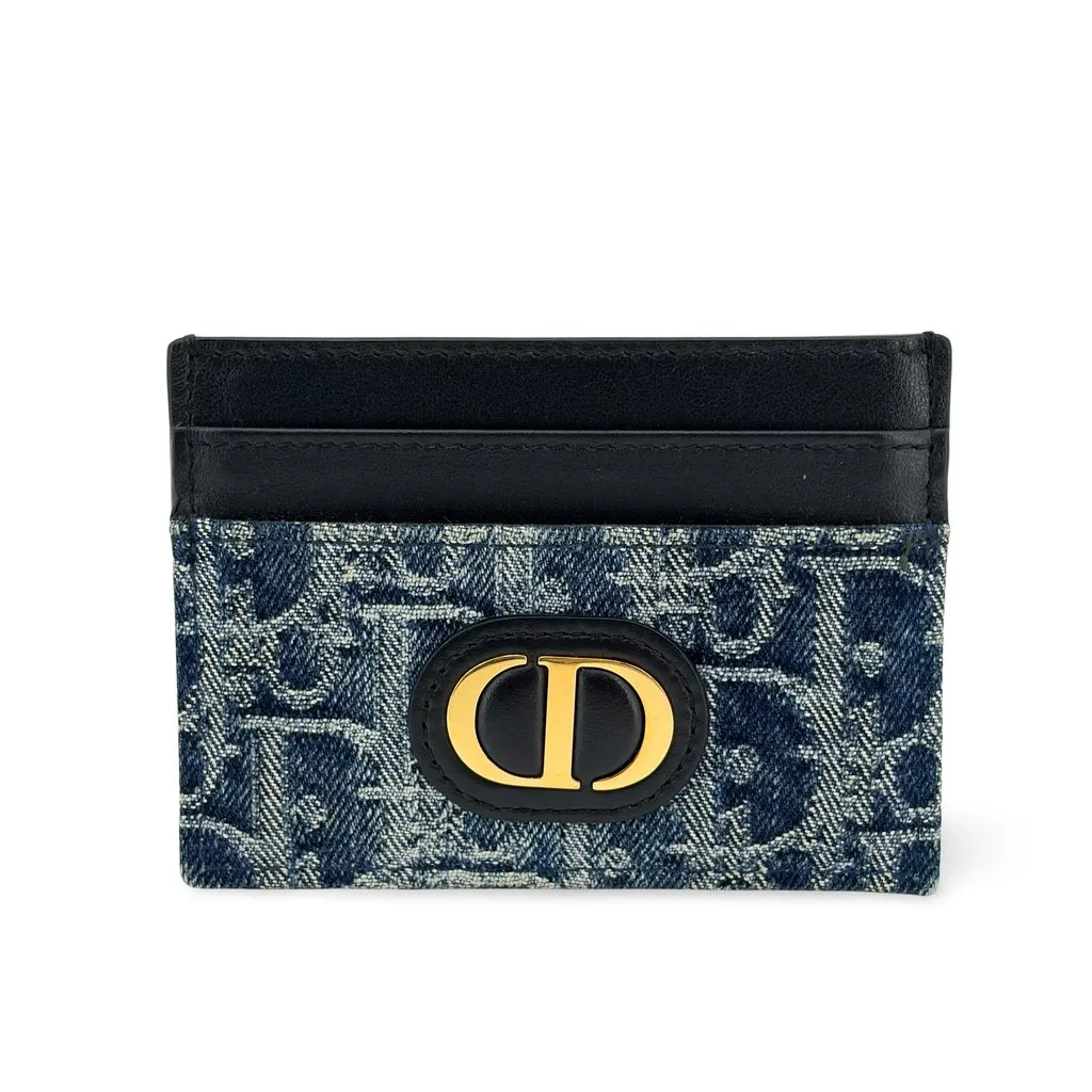 Dior 30 Montaigne Card Holder Blue Oblique Denim Black Black Denim Good - Front View