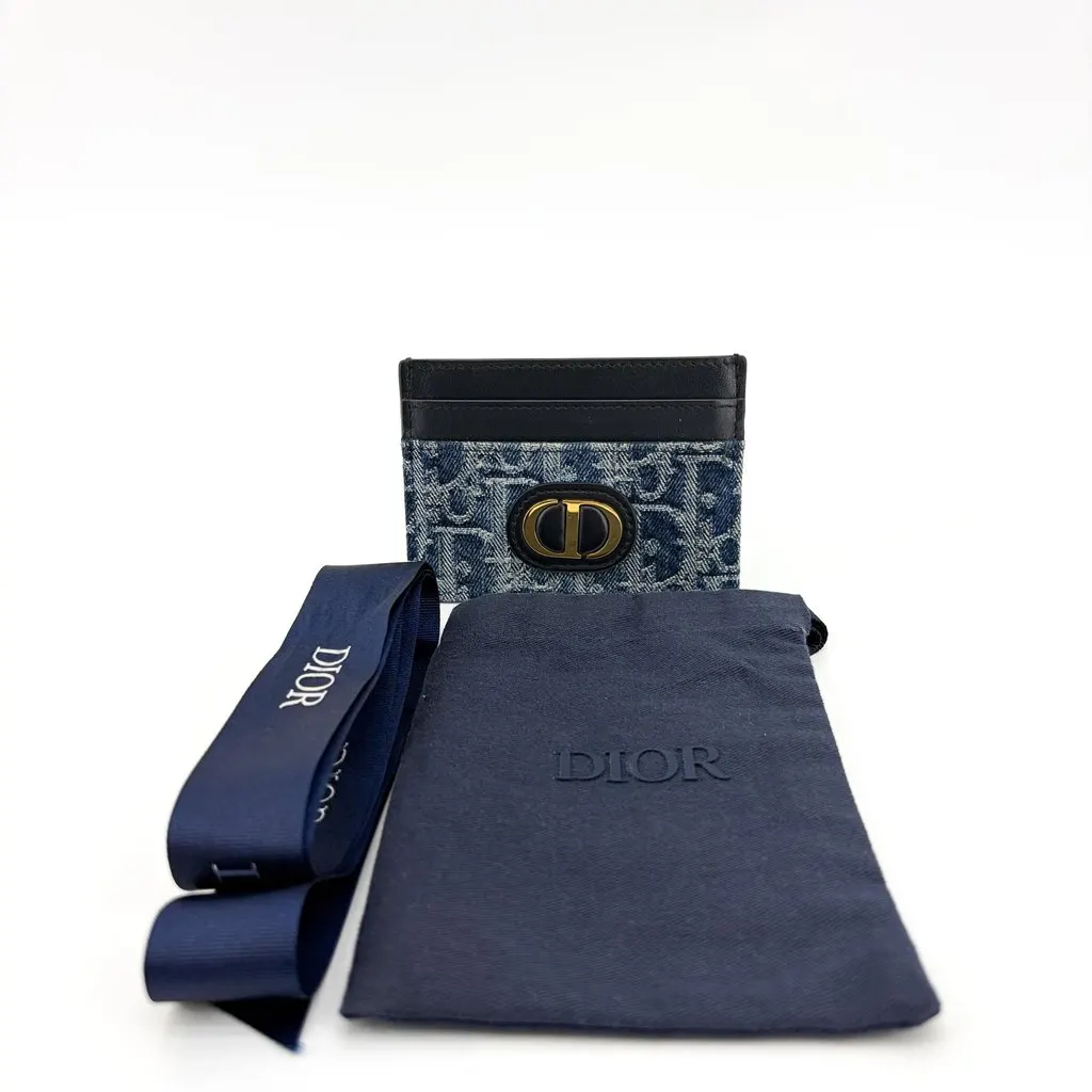 Dior 30 Montaigne Card Holder Blue Oblique Denim Black Black Denim Good - Back View