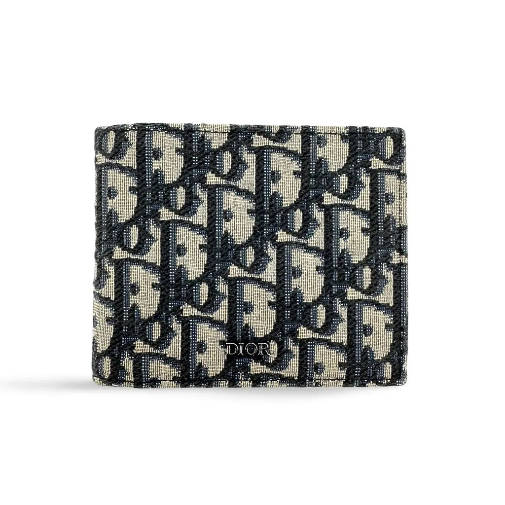 Dior Oblique Jacquard 2-Fold Wallet Navy Beige Jacquard Very good - Front View