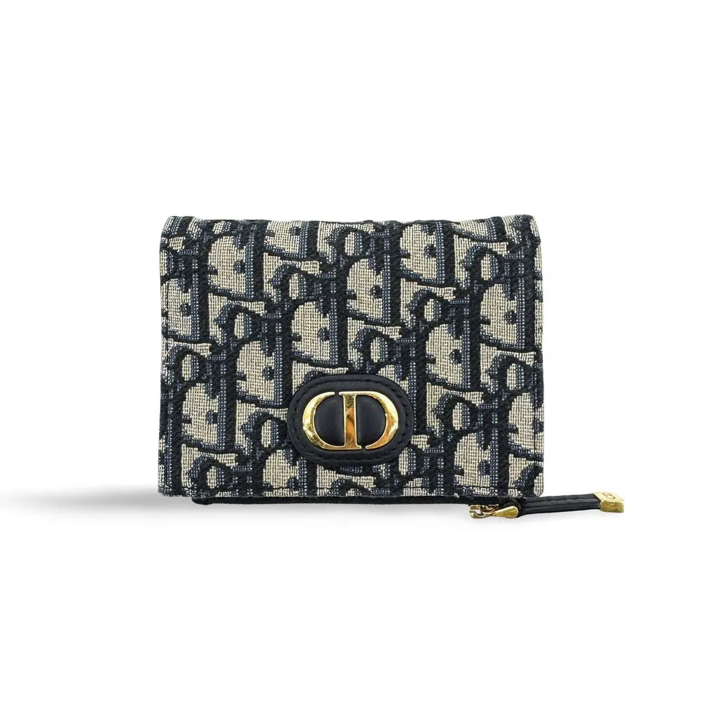 Dior 30 Montaigne Compact Wallet Blue Oblique Beige Jacquard Good - Front View