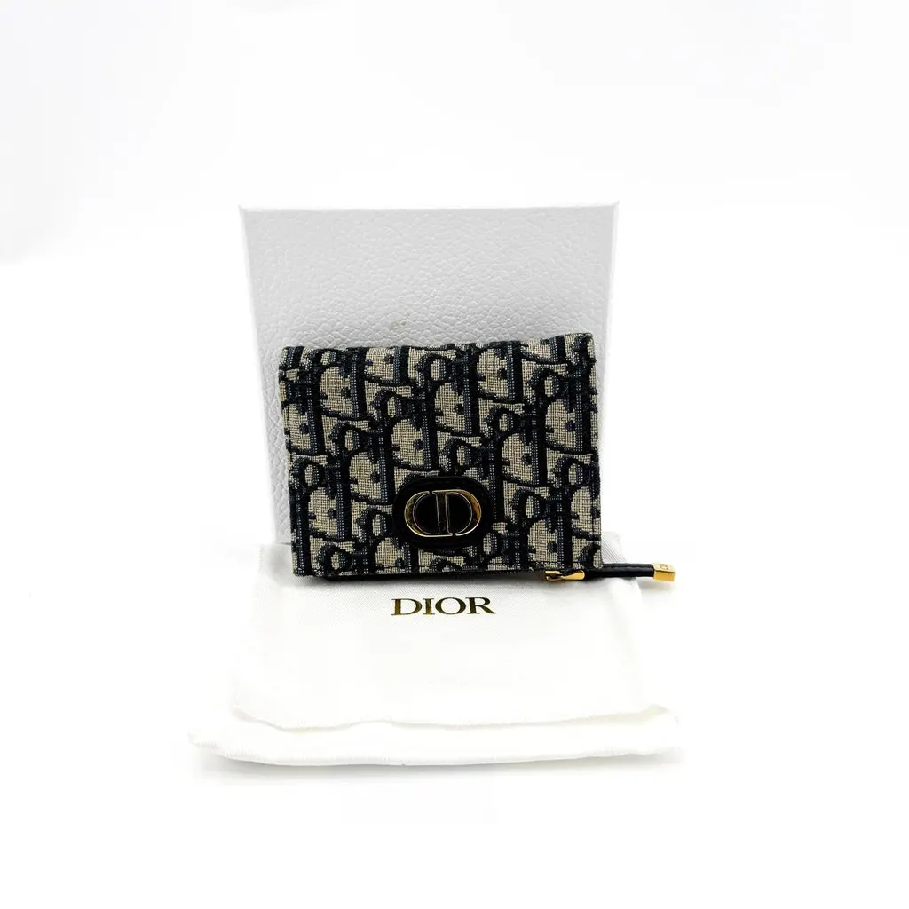 Dior 30 Montaigne Compact Wallet Blue Oblique Beige Jacquard Good - Back View