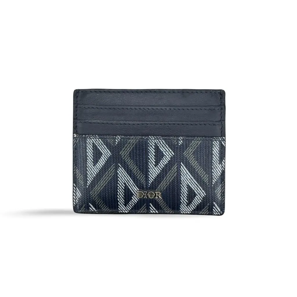 Dior CD Diamond Card Holder Navy Blue Canvas Good - Front View