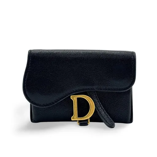 Dior Saddle Flap Card Holder Black Goatskin