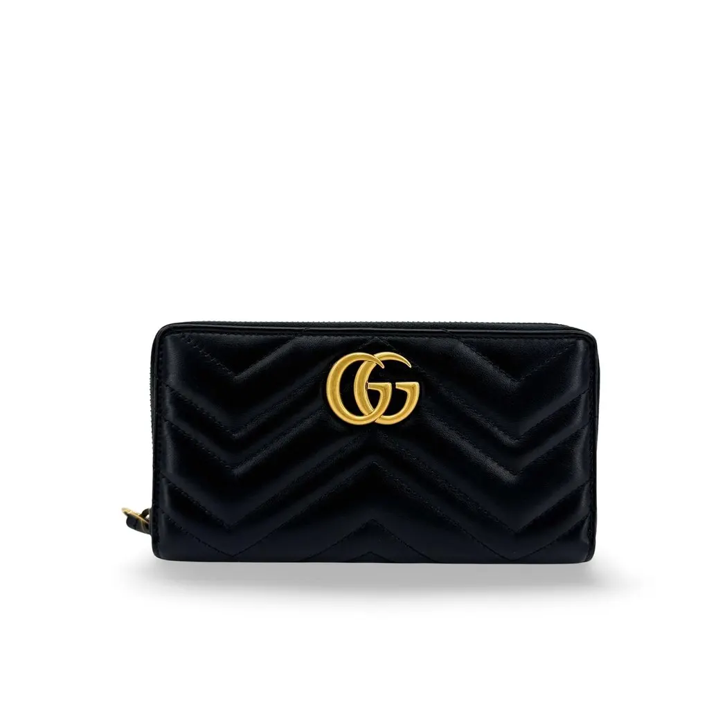 Gucci GG Marmont Zip Around Wallet Black Black Leather Very good - Front View