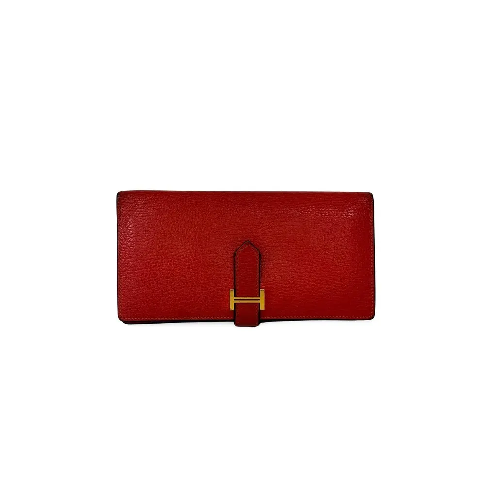 Hermès Beane Soufflé Wallet Rouge Kazak Gold Hardware A Engraving Gold Leather Fair - Front View
