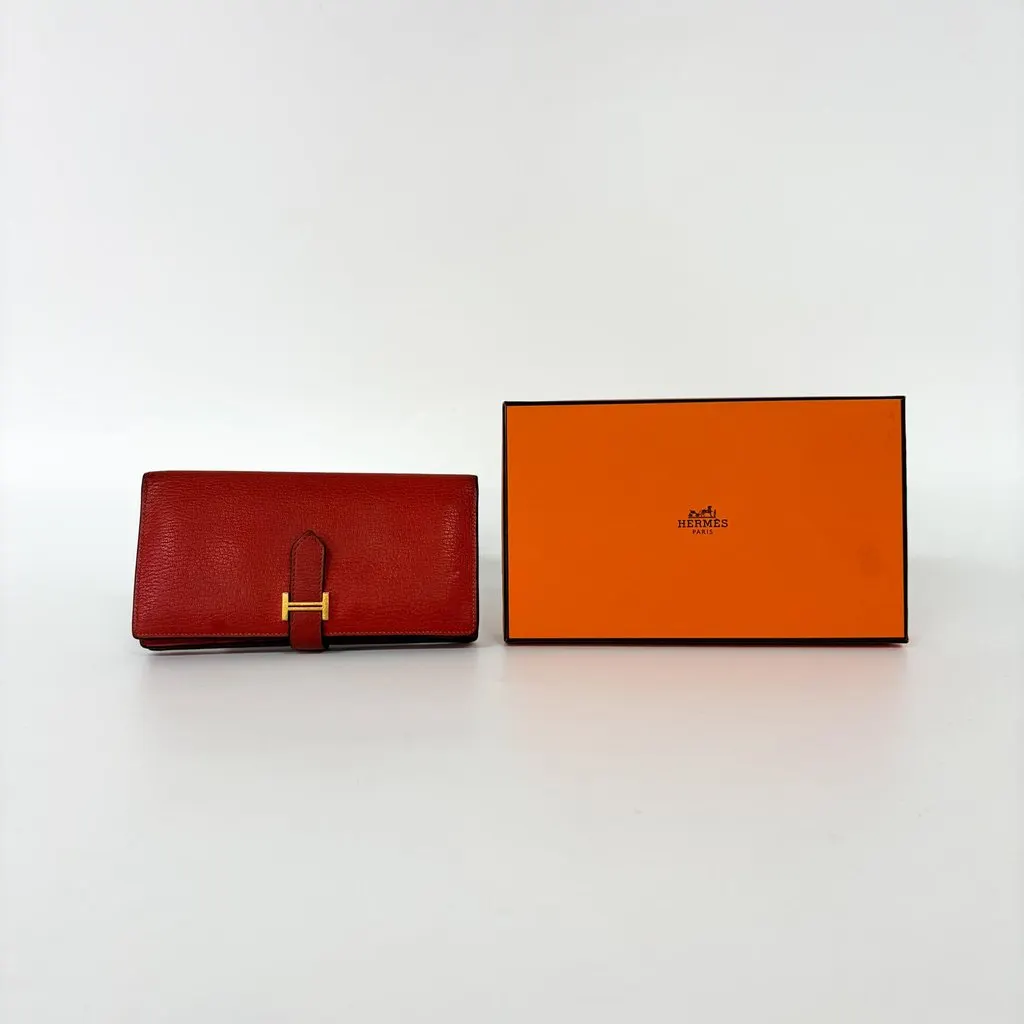 Hermès Beane Soufflé Wallet Rouge Kazak Gold Hardware A Engraving Gold Leather Fair - Back View