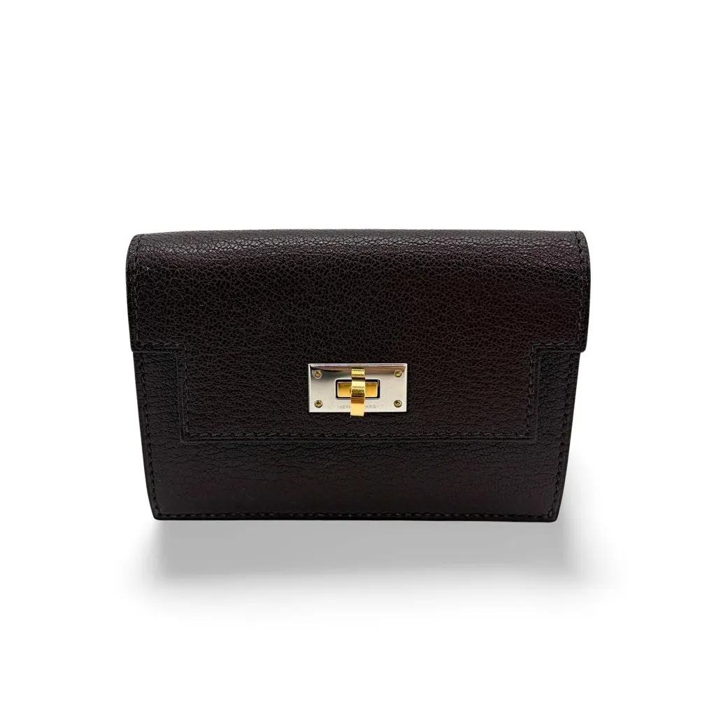 Hermès Kelly Pocket Slim Wallet Goatskin Electrum Hardware Rouge Selie Brown Leather Very good - Front View