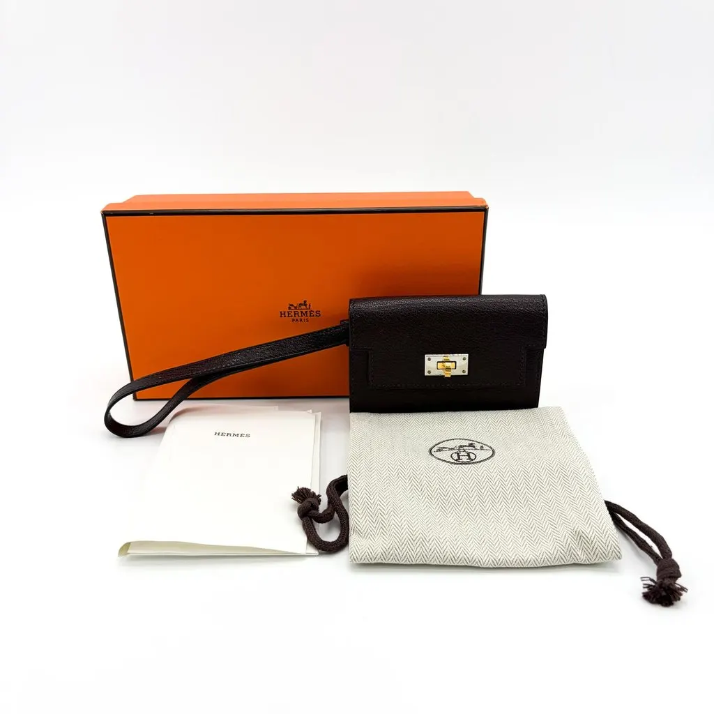Hermès Kelly Pocket Slim Wallet Goatskin Electrum Hardware Rouge Selie Brown Leather Very good - Back View