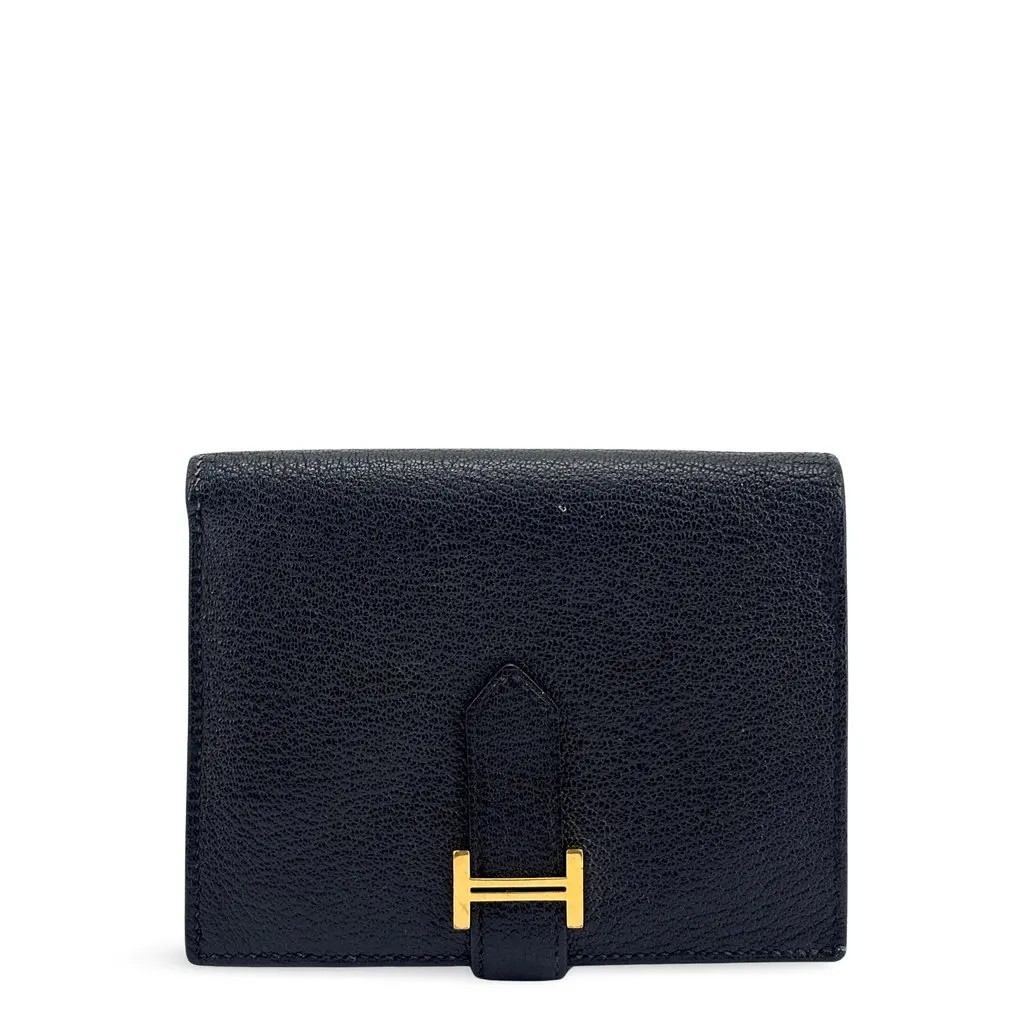 Hermès Bearn Compact Wallet Epsom Black Gold Hardware Black Leather Good - Front View