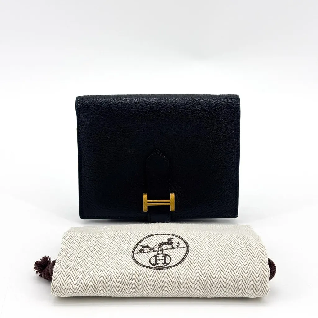 Hermès Bearn Compact Wallet Epsom Black Gold Hardware Black Leather Good - Back View