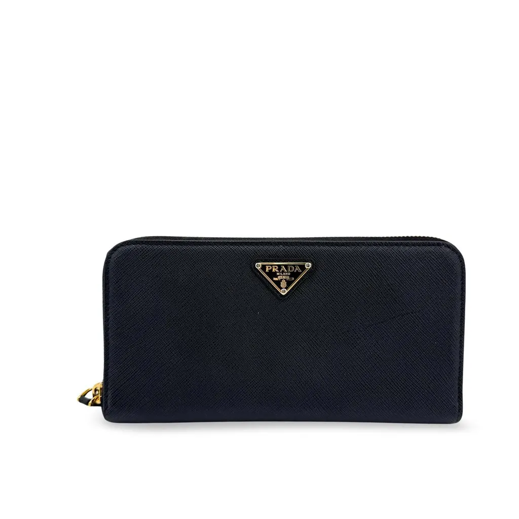 Prada Saffiano Triangle Logo Zip-Around Wallet Black Black Leather Very good - Front View