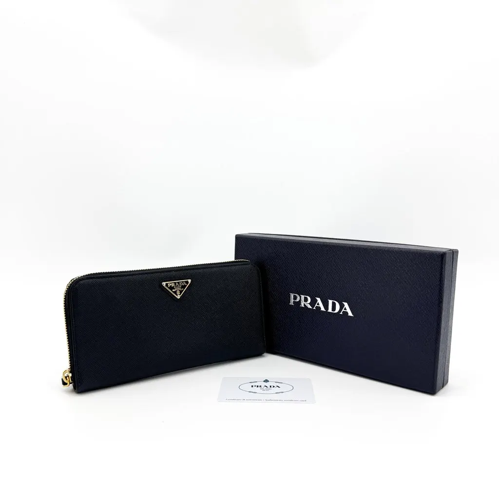 Prada Saffiano Triangle Logo Zip-Around Wallet Black Black Leather Very good - Back View
