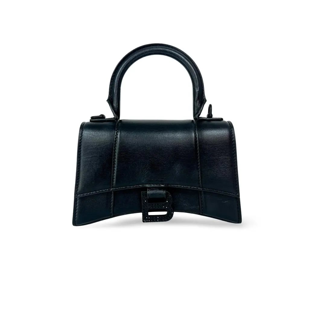 Balenciaga XS Hourglass Top Handle Bag Black Crystal Logo Black Leather Very good - Front View