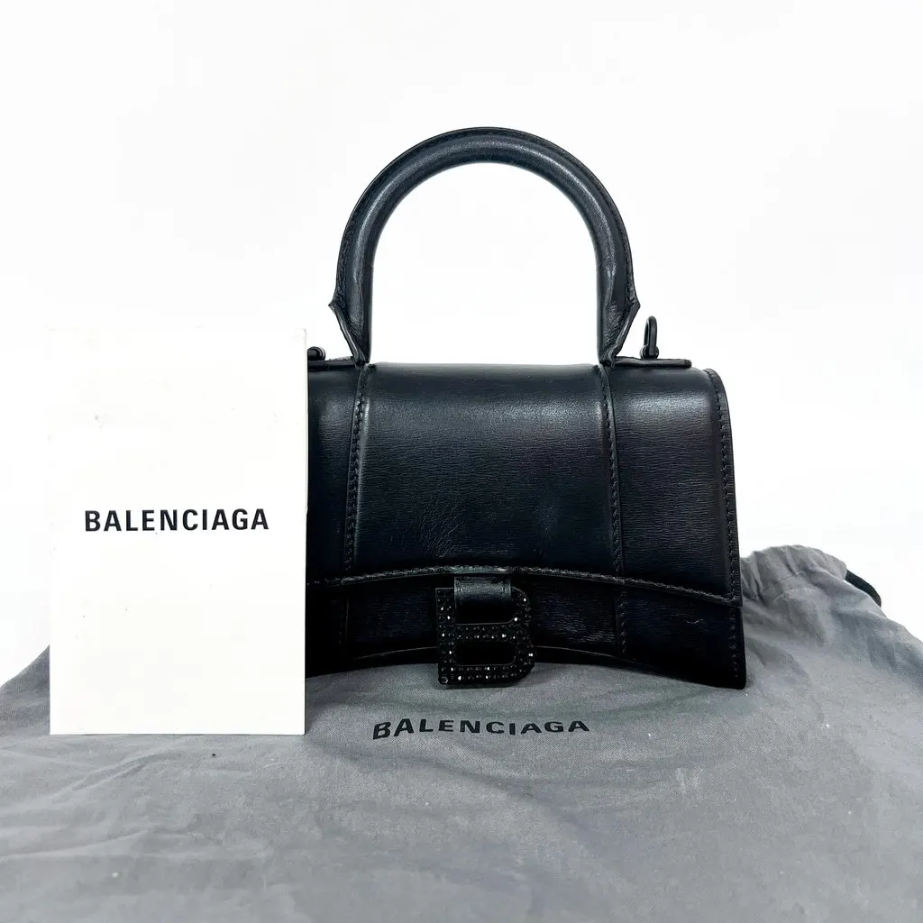 Balenciaga XS Hourglass Top Handle Bag Black Crystal Logo Black Leather Very good - Back View
