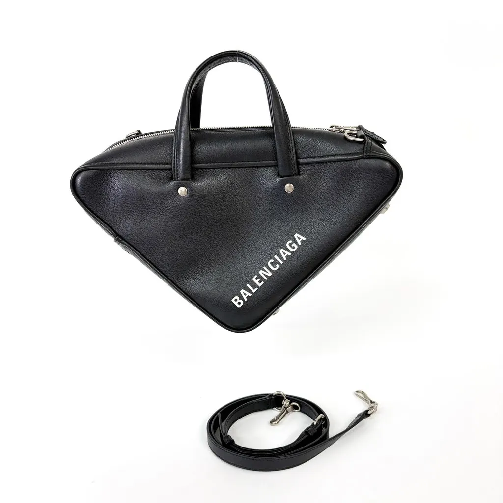 Balenciaga Logo Triangle Small Duffle Bag Black Black Leather Good - Back View