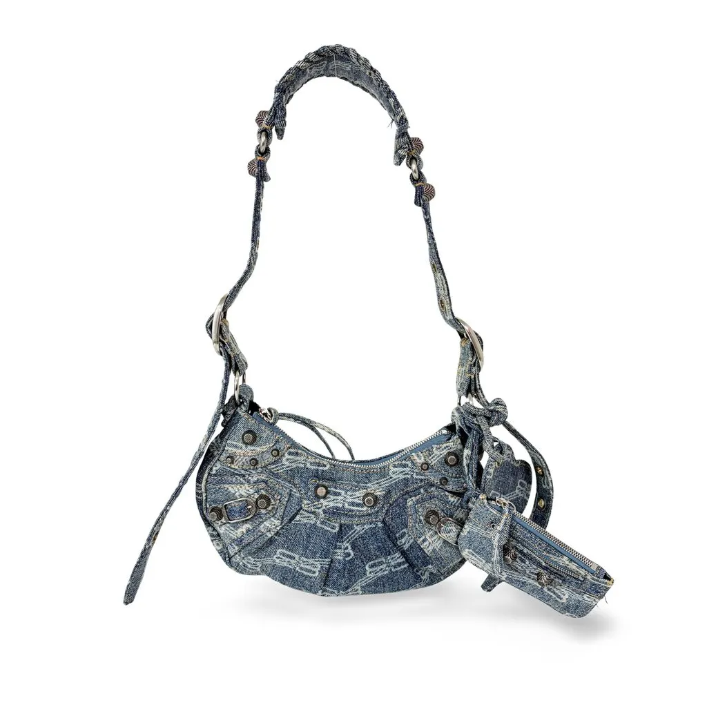 Balenciaga Le Cagol XS Shoulder Bag Blue Denim Monogram MultiColor Denim Good - Front View