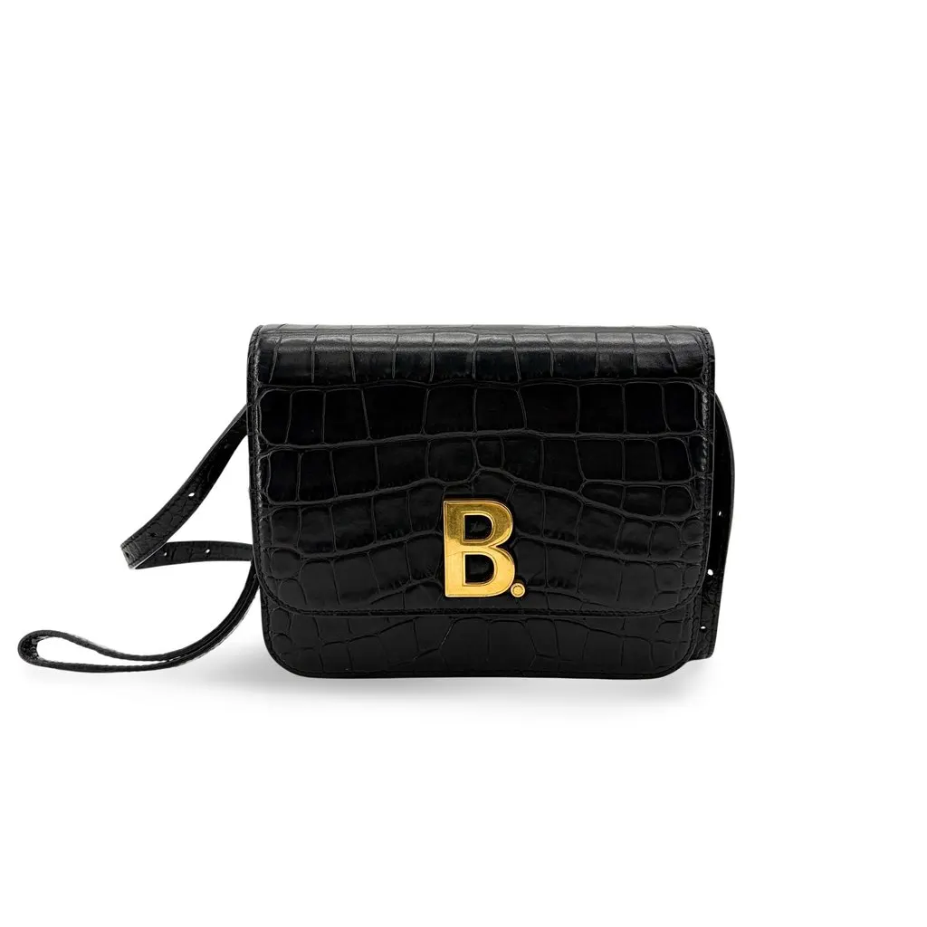 Balenciaga B. Small Shoulder Bag Black Crocodile Embossed Gold Hardware Black Leather Very good - Front View