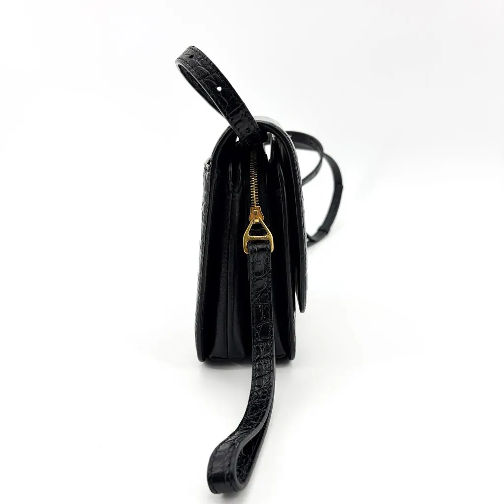 Balenciaga B. Small Shoulder Bag Black Crocodile Embossed Gold Hardware Black Leather Very good - Model View