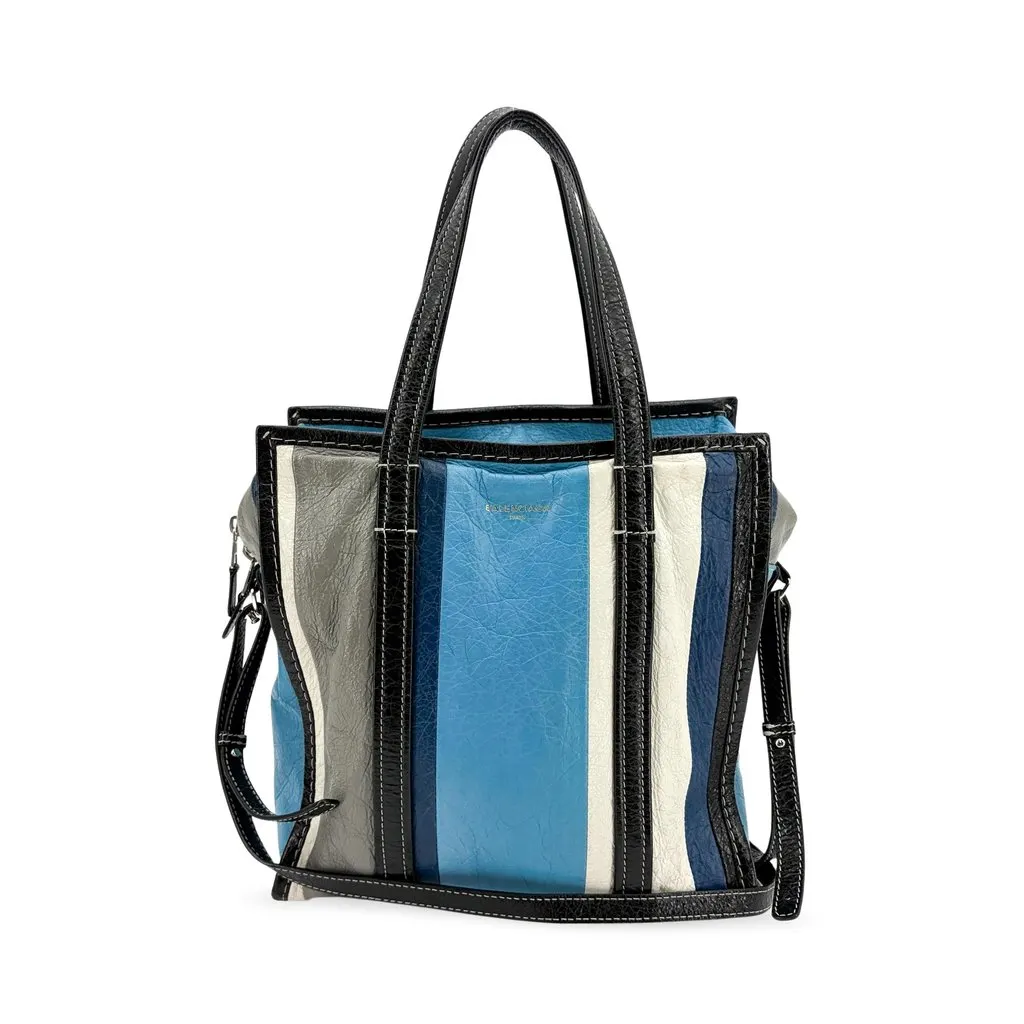 Balenciaga Bazaar Shopper Multi-Stripe Blue Black Leather Good - Front View