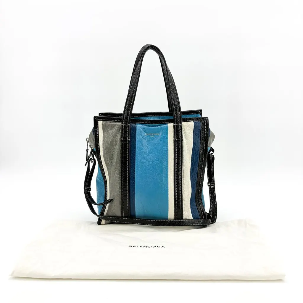Balenciaga Bazaar Shopper Multi-Stripe Blue Black Leather Good - Back View