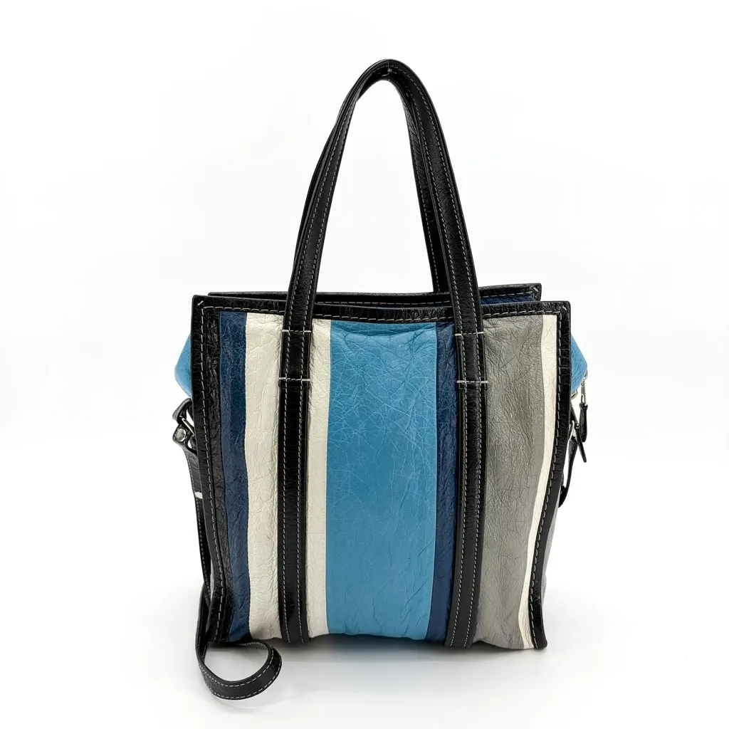Balenciaga Bazaar Shopper Multi-Stripe Blue Black Leather Good - Inside View