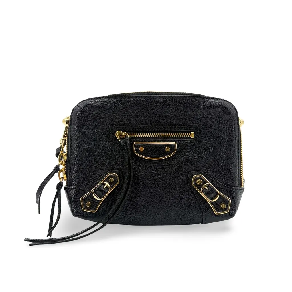Balenciaga Classic Metallic Edge Reporter XS Black Gold Black Leather Good - Front View