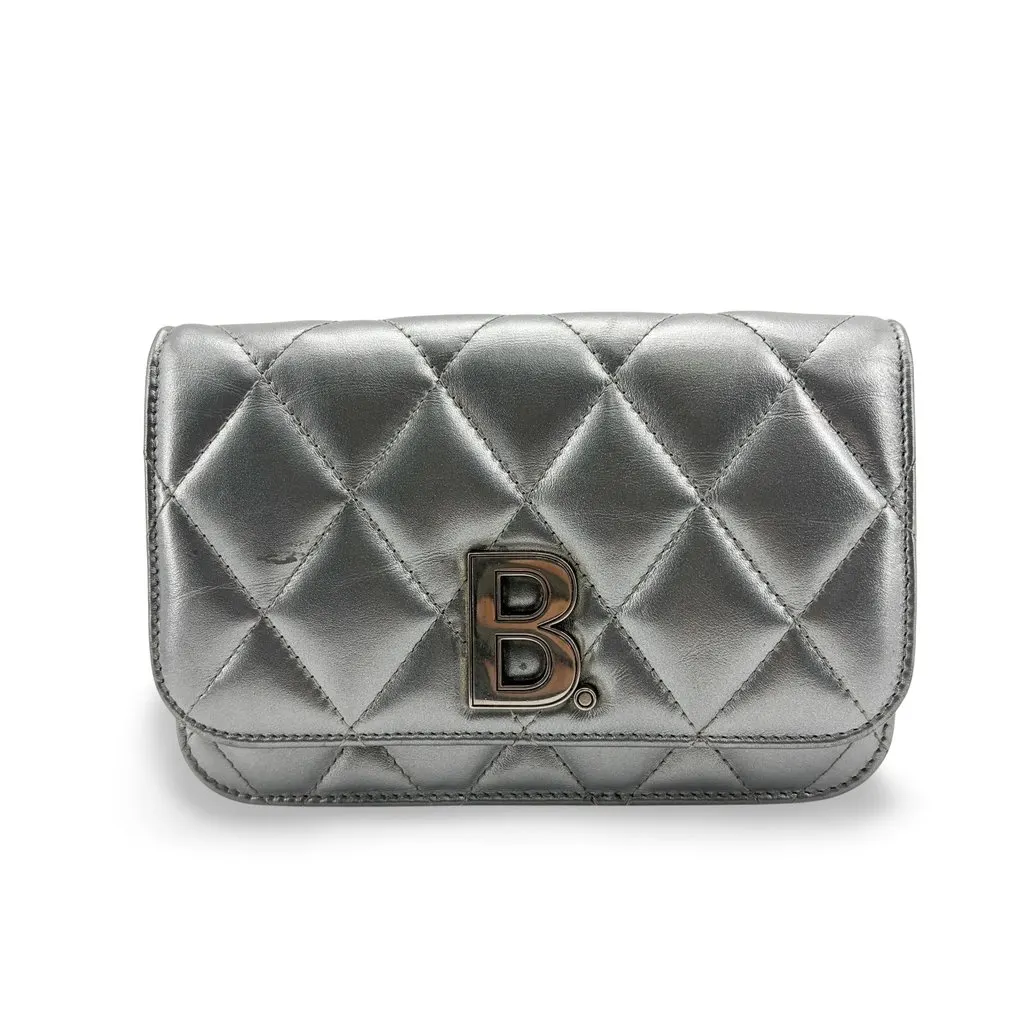 Balenciaga B. Quilted Metallic Chain Shoulder Bag Silver Silver Leather Good - Front View