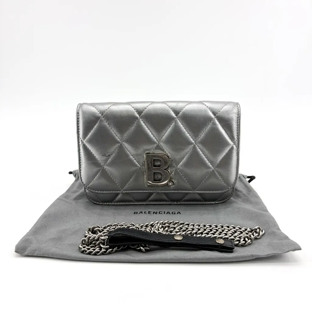 Balenciaga B. Quilted Metallic Chain Shoulder Bag Silver Silver Leather Good - Back View