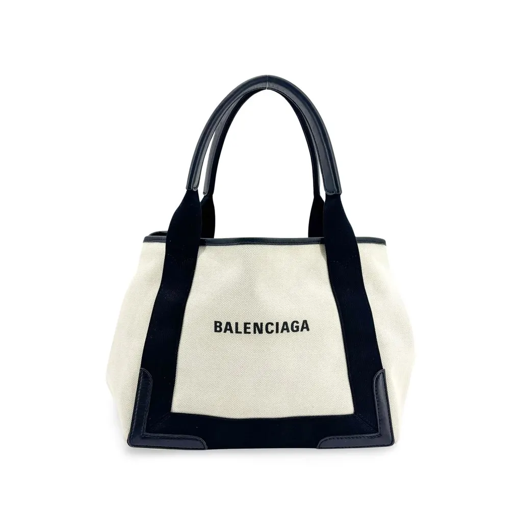 Balenciaga Navy Cabas S Tote Bag Natural Black Black Canvas Good - Front View