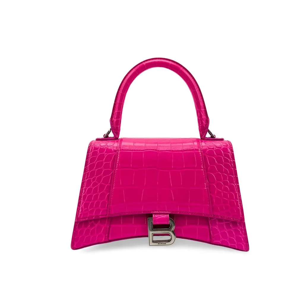 Balenciaga Hourglass XS جلد التمساح Embossed توب Handle حقيبة زهري فضي