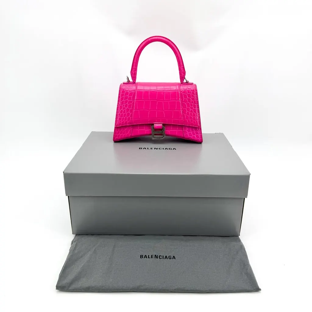 Balenciaga Hourglass XS Croc-Embossed Top Handle Bag Pink Silver Pink Leather Good - Back View
